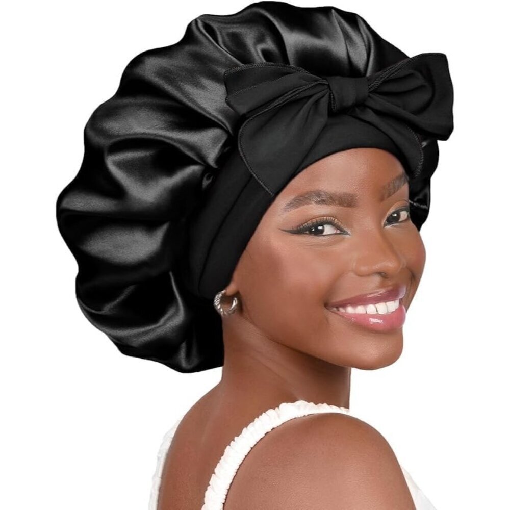 🆕 Women Silk Bonnet Black Satin Double Layer Lined Hair Tie Band Curly Natural